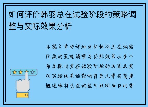 如何评价韩羽总在试验阶段的策略调整与实际效果分析